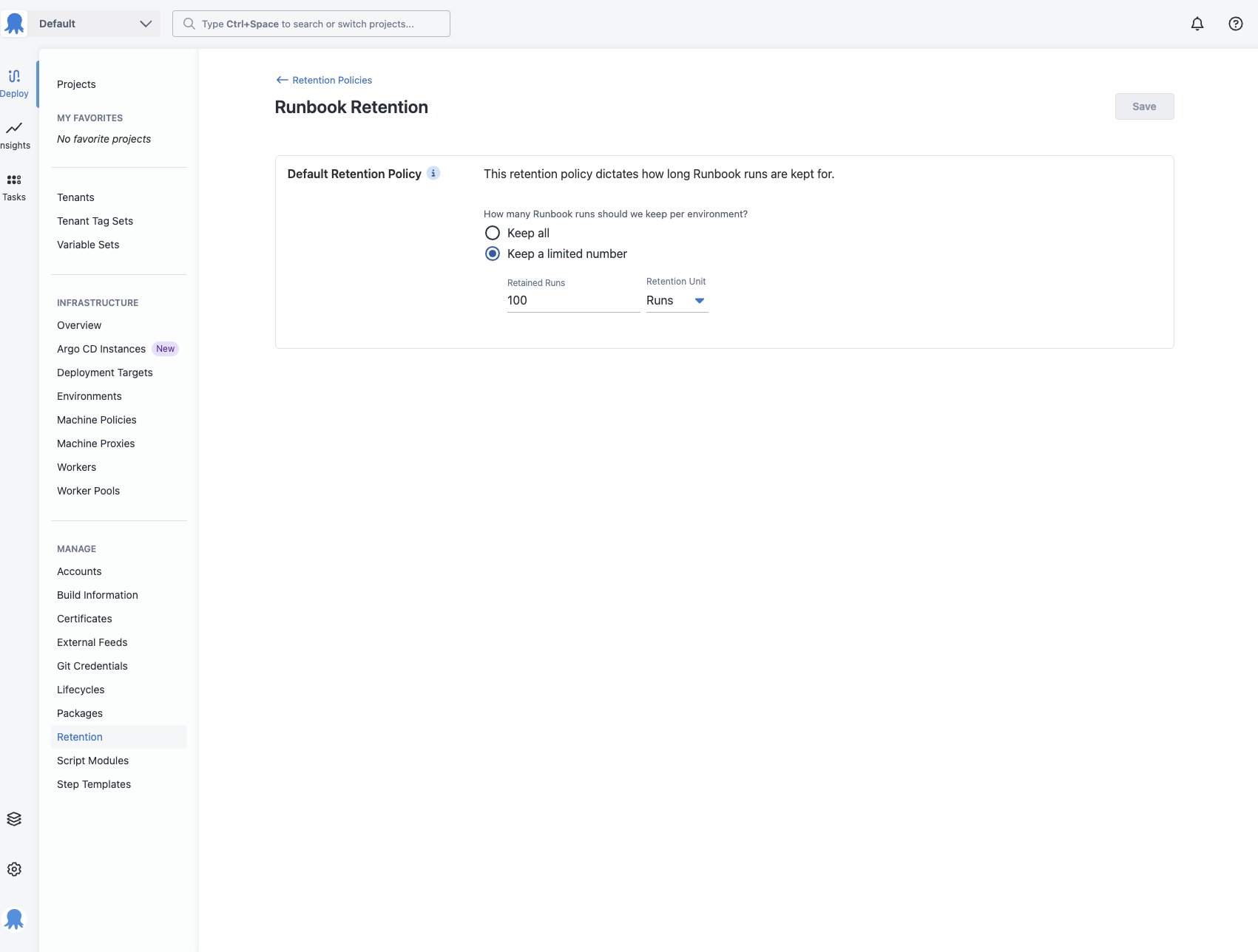 The default runbook retention settings for a space