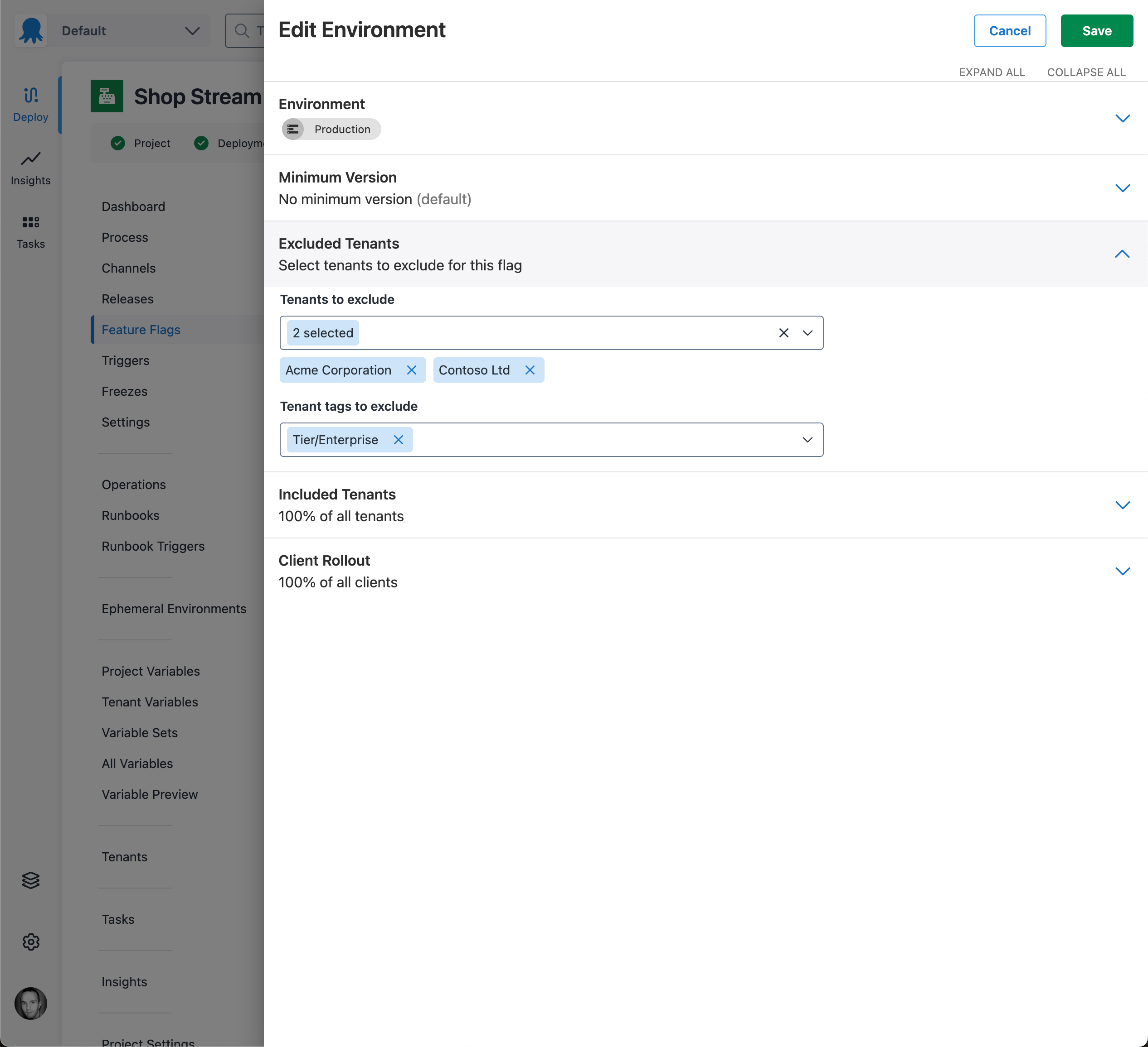 Screenshot of feature flag environment drawer, excluded tenants section expanded, tenants to exclude multi-select has Acme Corporation and Contoso Ltd tenants selected, tenant tags to exclude multi-select has Tier/Enterprise tag selected