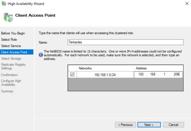 The Client Access Point page of the New Role Wizard