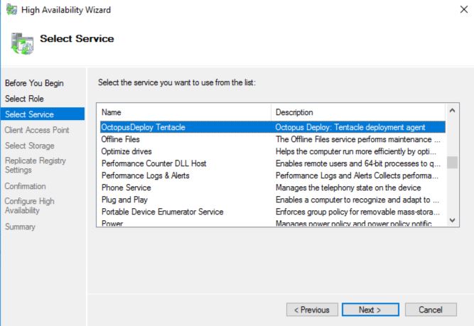The OctopusDeploy Tentacle service selected in the New Role Wizard