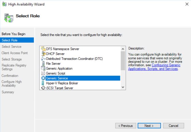 Generic Service highlighted in the New Role Wizard