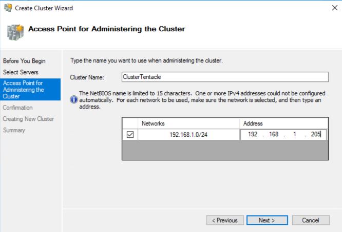 The Access Point for Administering the Cluster page of the Create Cluster Wizard