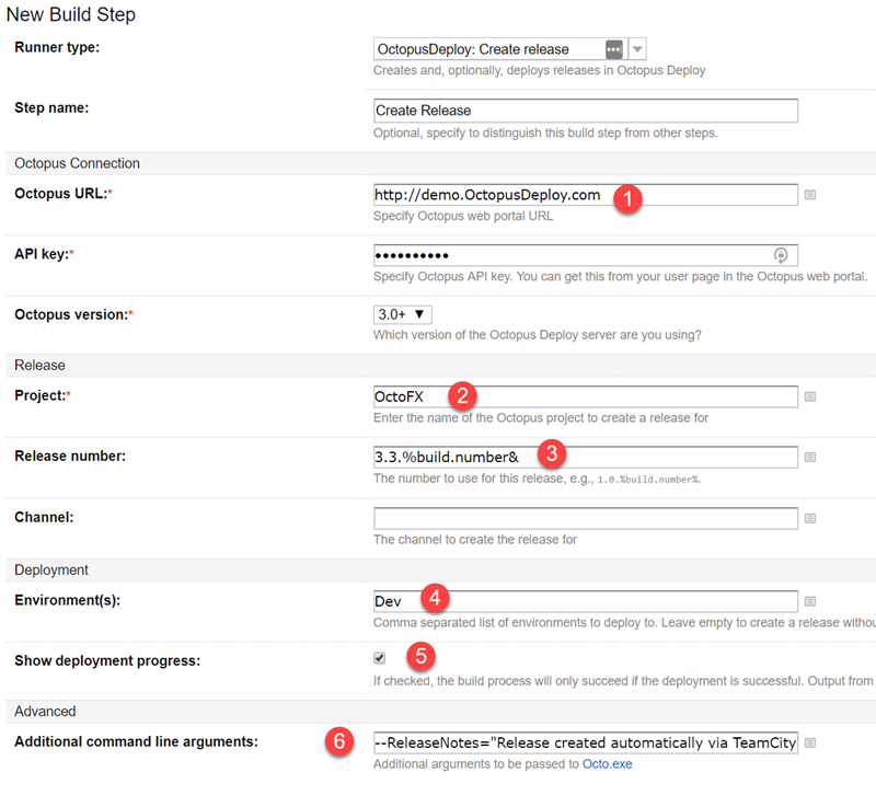 A TeamCity Octopus Deploy: Create Release step with its fields marked