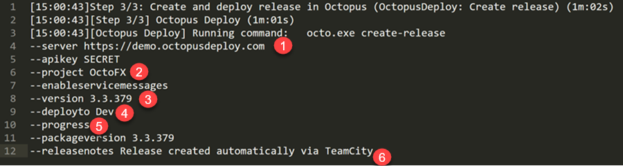 A TeamCity log fragment showing the resulting octo call