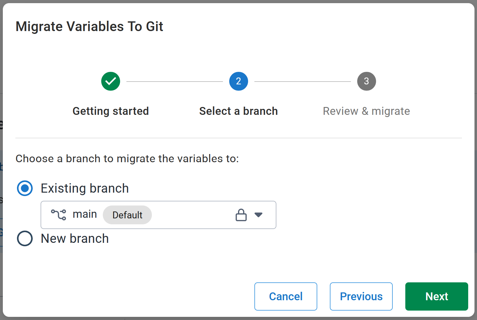 Screenshot of page 2 (branch selection) on Git variables migration wizard, with existing branch ‘main’ selected