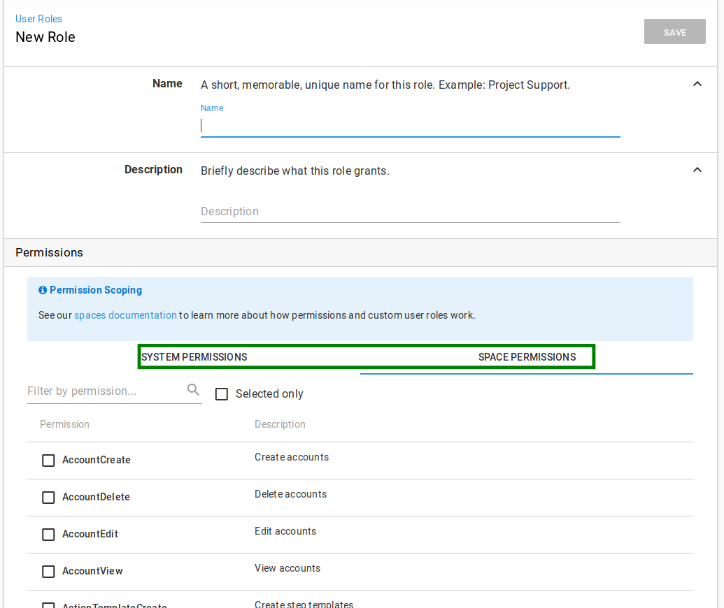 Selecting permissions for a custom user role
