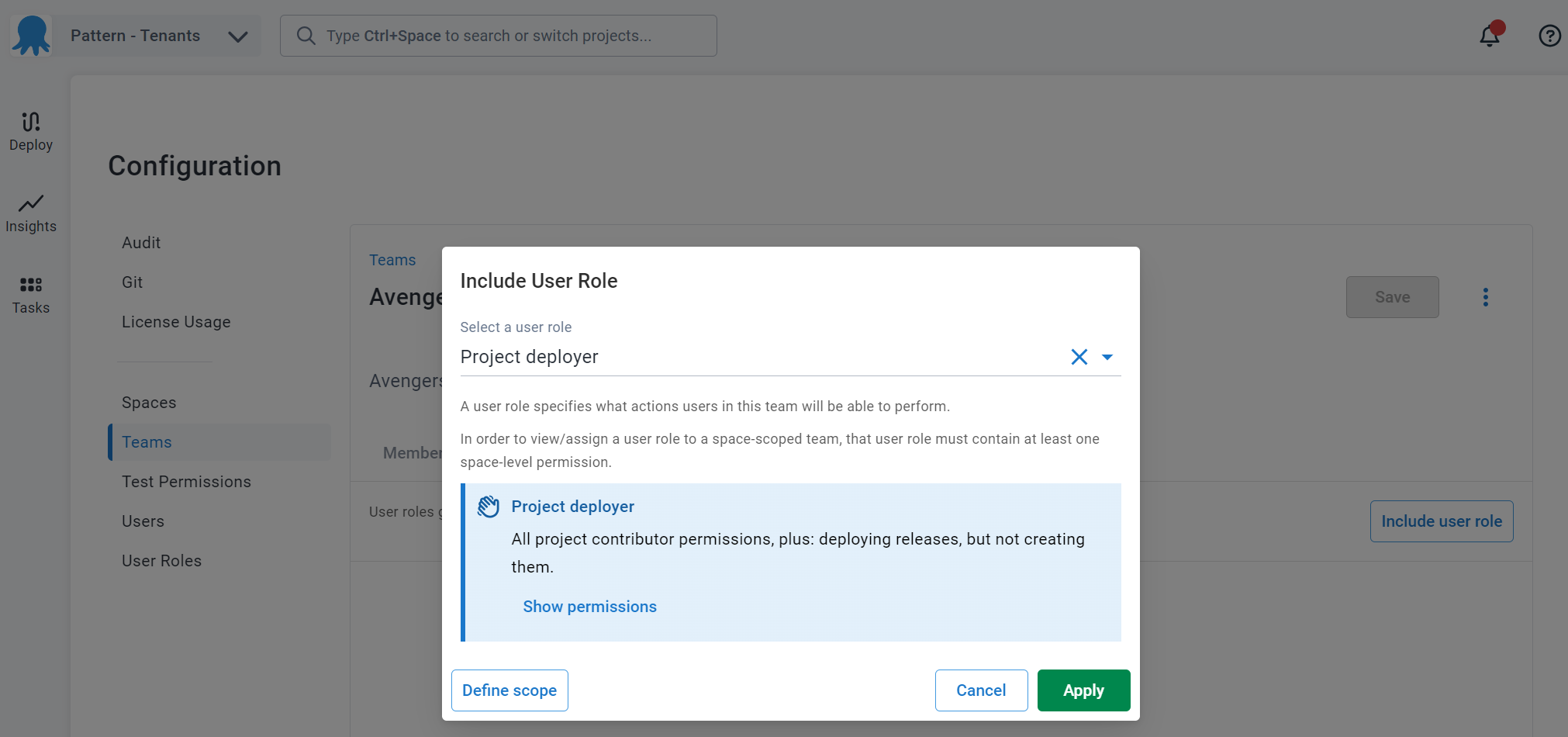 Selecting a user role to include for the team