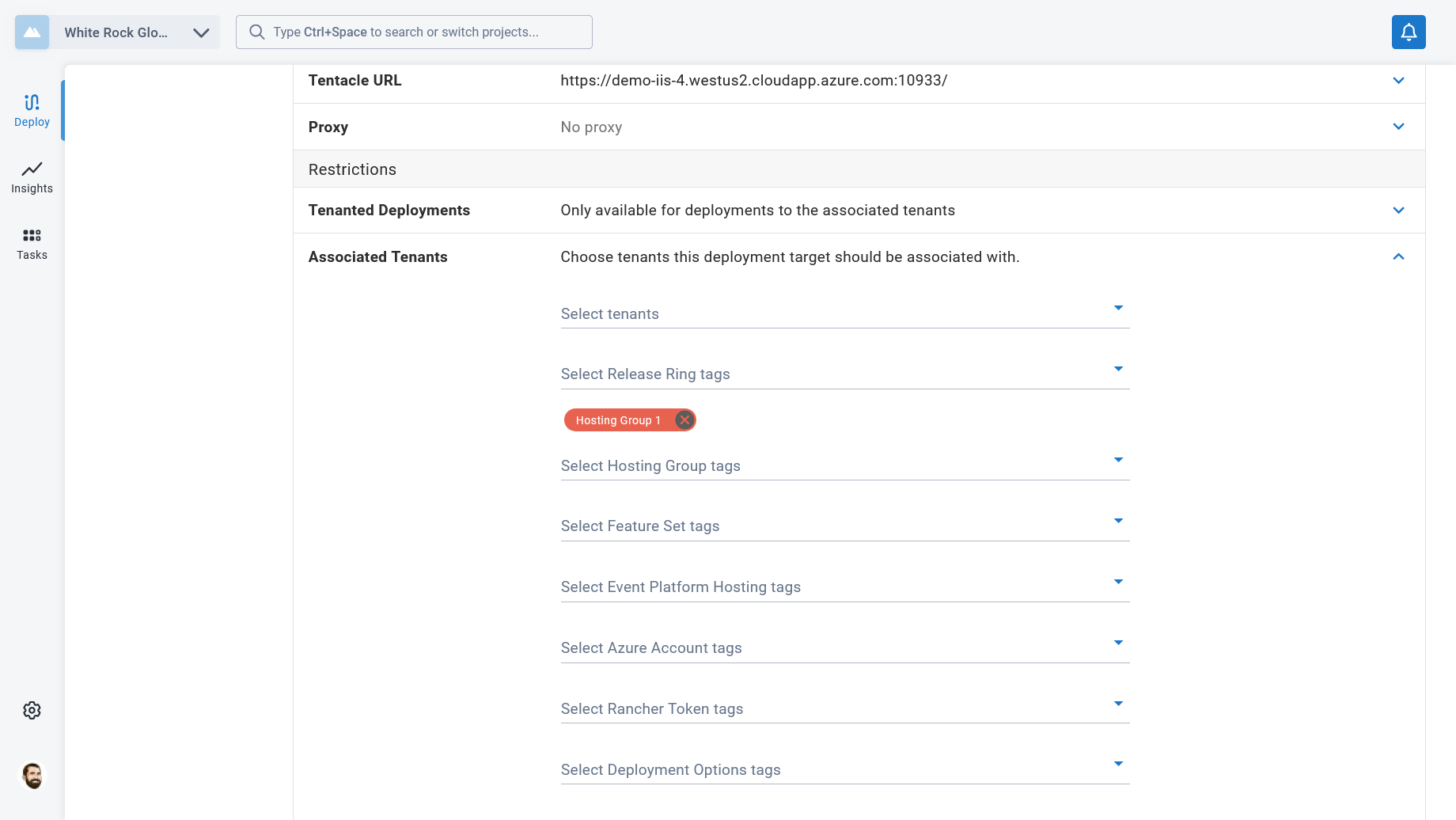 A Hosting Group tag chosen in the Associated Tenants section of a target